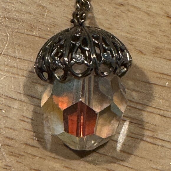 Vintage Aurora Borealis Faceted Crystal Ball Filigree Cap Pendant Necklace 24" - Picture 2 of 6